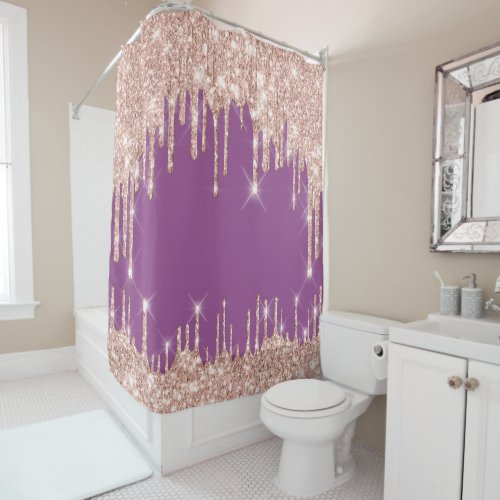 Hearts Glitter Drips Pink Rose Holographic Bery Shower Curtain