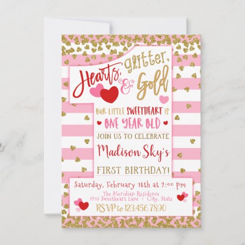 Hearts Glitter  Gold Valentine 1st Birthday Invitation