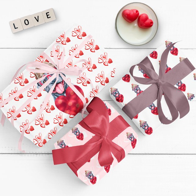Hearts Gray Pitbull Dog Lover Valentines Gift Wrapping Paper Sheets (Creator Uploaded)