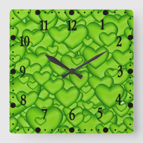 Hearts Green 3D Texture Green Pattern Square Wall Clock