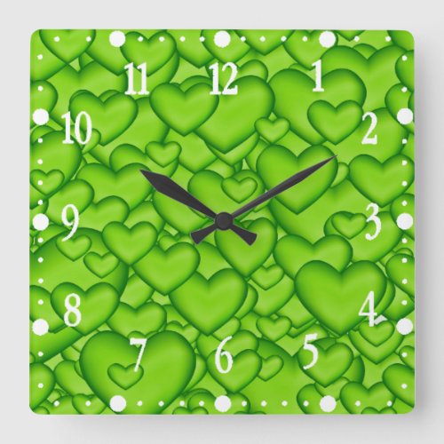 Hearts Green 3D Texture Green Pattern Square Wall Clock