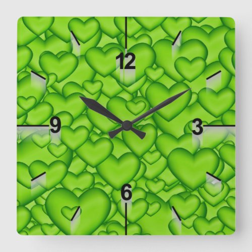 Hearts Green 3D Texture Green Pattern Square Wall Clock