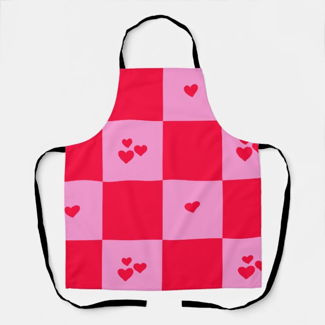 Hearts Grid pink and red Apron (Front)
