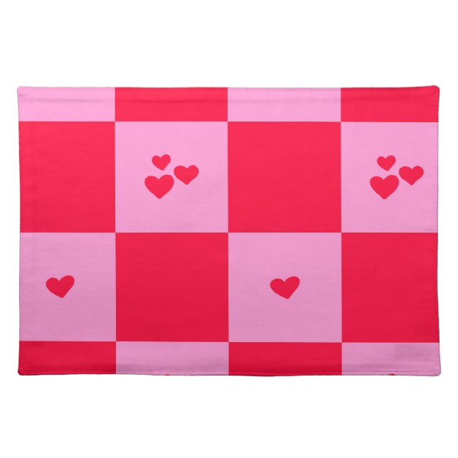 Hearts Grid pink and red Cloth Placemat (Front)