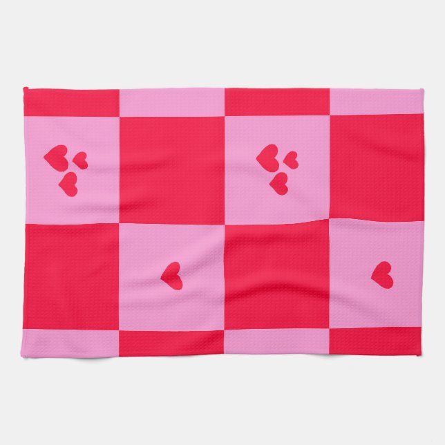 Hearts Grid pink and red Kitchen Towel (Horizontal)