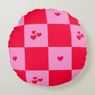 Hearts Grid pink and red Round Pillow