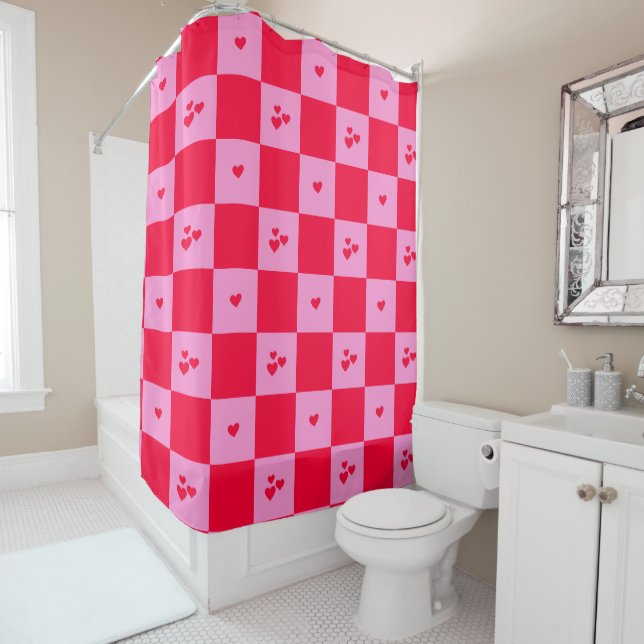Hearts Grid pink and red Shower Curtain (In Situ)
