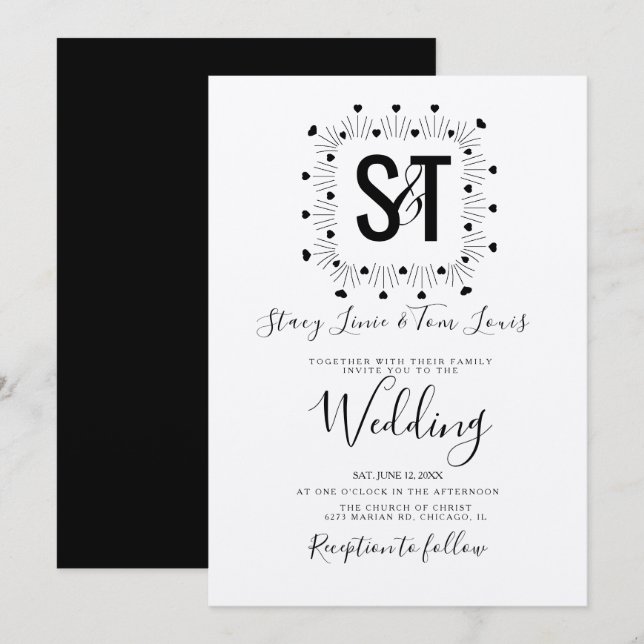  Hearts Hand Drawn Black White Wedding Kraft Invitation (Front/Back)