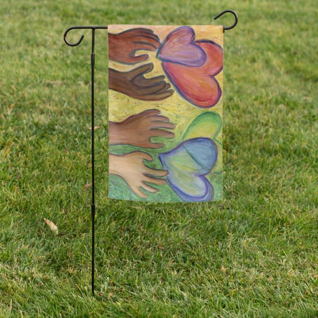 Hearts & Hands Love Diversity Art Garden Flag (In SItu)