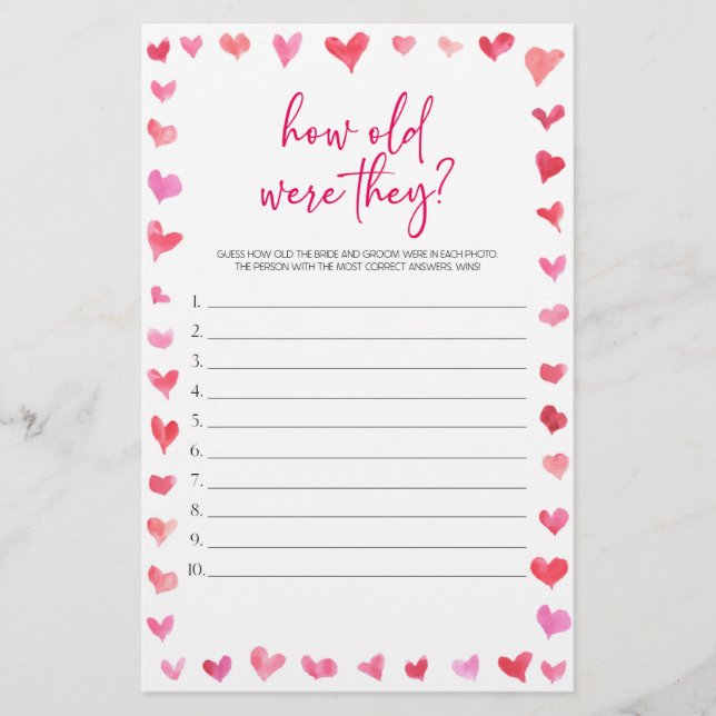 Hearts How Old Were They? Bridal Shower Game  Stationery (Front)
