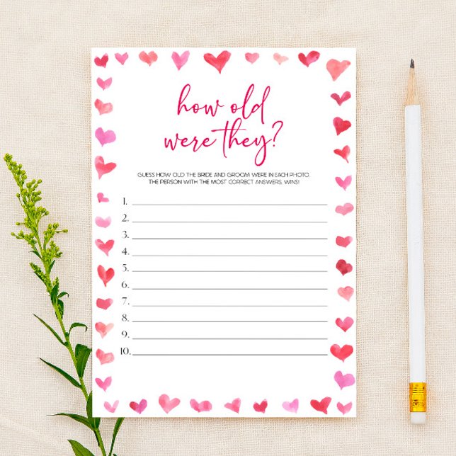 Hearts How Old Were They? Bridal Shower Game  Stationery (Creator Uploaded)