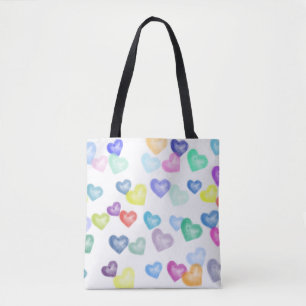 Hearts in a splash of rainbow colors on a great tote bag