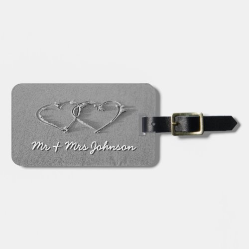 Hearts in beach sand luggage tag for newly weds