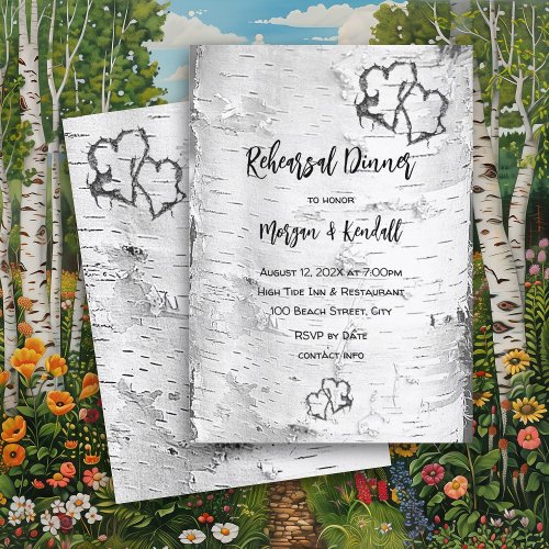 Hearts in Birch Tree Rehearsal Dinner Invitation