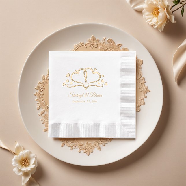 Hearts in  Bloom, Custom Name and Date Wedding Foil Napkins (Creator Uploaded)