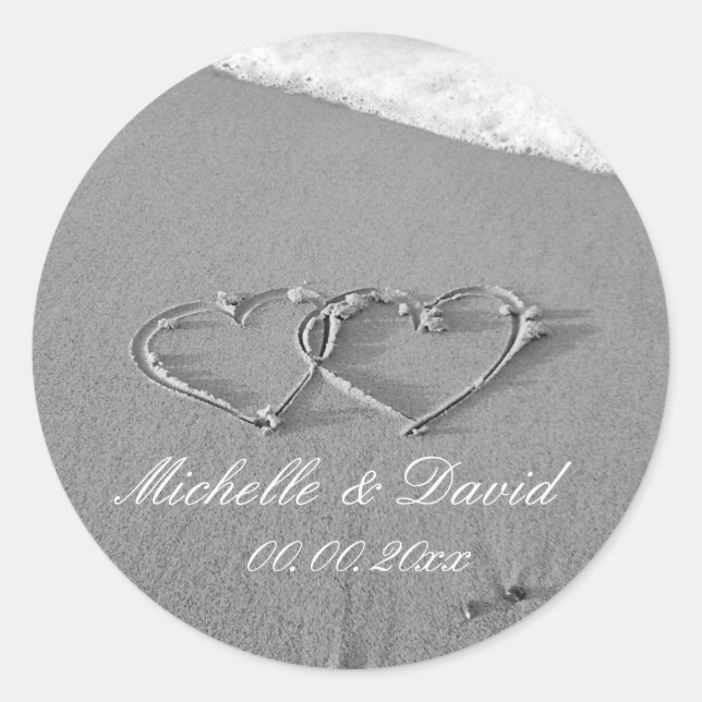 Hearts in sand beach wedding favor sticker & seals (Front)