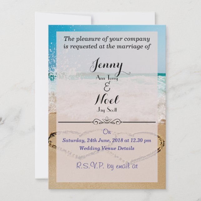 Hearts In Sand Beach Wedding Invitation (Front)
