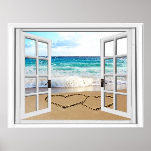 Hearts In Sand Faux Beach View Window Poster