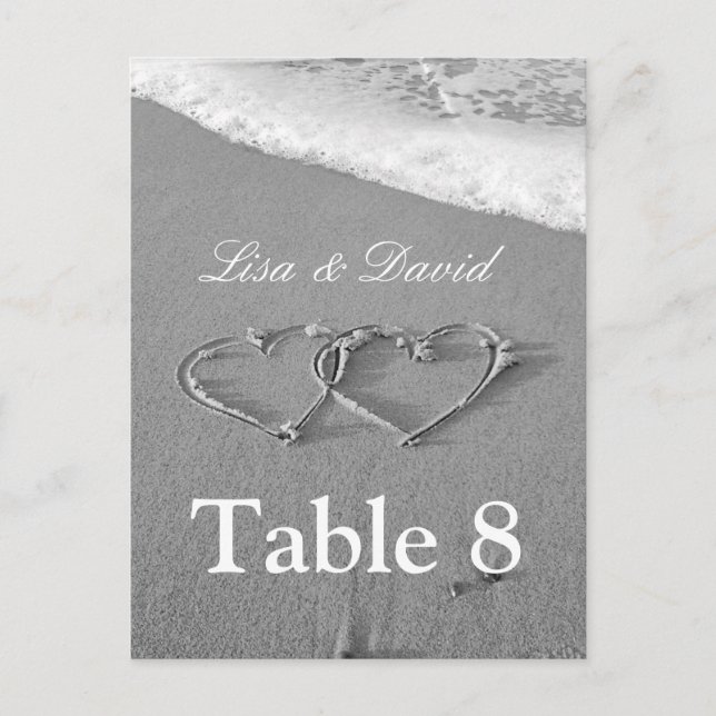 Hearts in sand table number cards | Beach theme (Front)