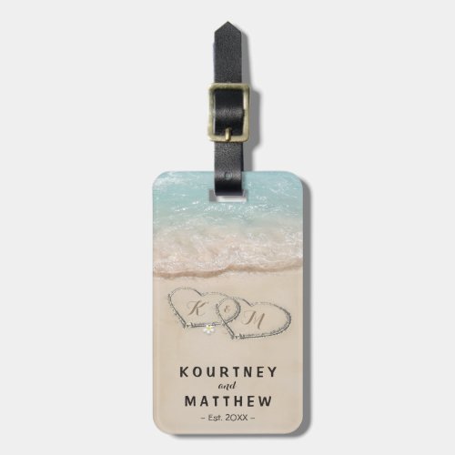 Hearts in Shoreline Couples Luggage Tag - Beach themed travel luggage tag featuring a summer vintage sandy beach with two hearts in the shoreline, yours and your partners name, initials, date established, and your contact details. If you would like this on a product that is not in the collection, please contact me.