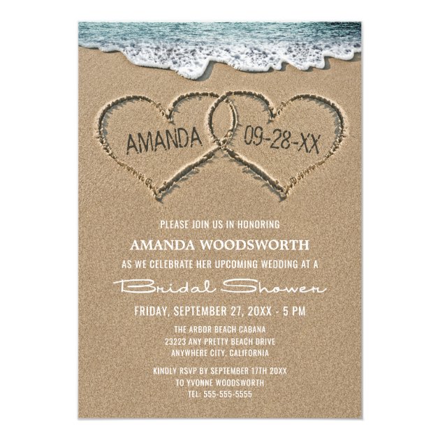 Hearts In The Sand Beach Bridal Shower Invitations