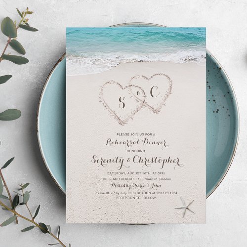 Hearts in the sand beach rehearsal dinner invitation