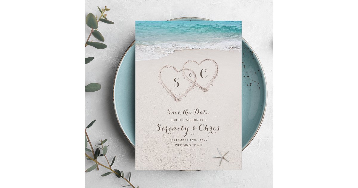 Hearts in the sand beach save the date | Zazzle