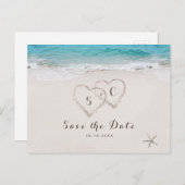 Hearts in the sand beach save the date announcement postcard (Front/Back)