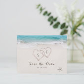 Hearts in the sand beach save the date announcement postcard (Standing Front)