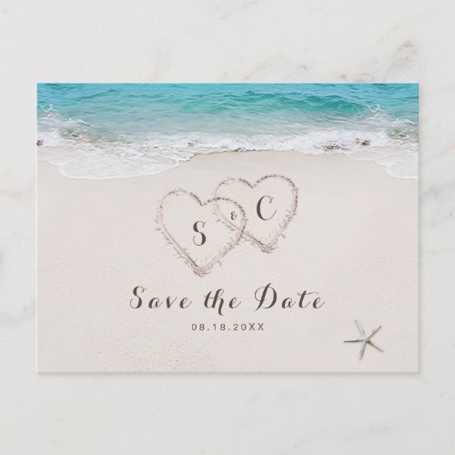 Hearts in the sand beach save the date announcement postcard