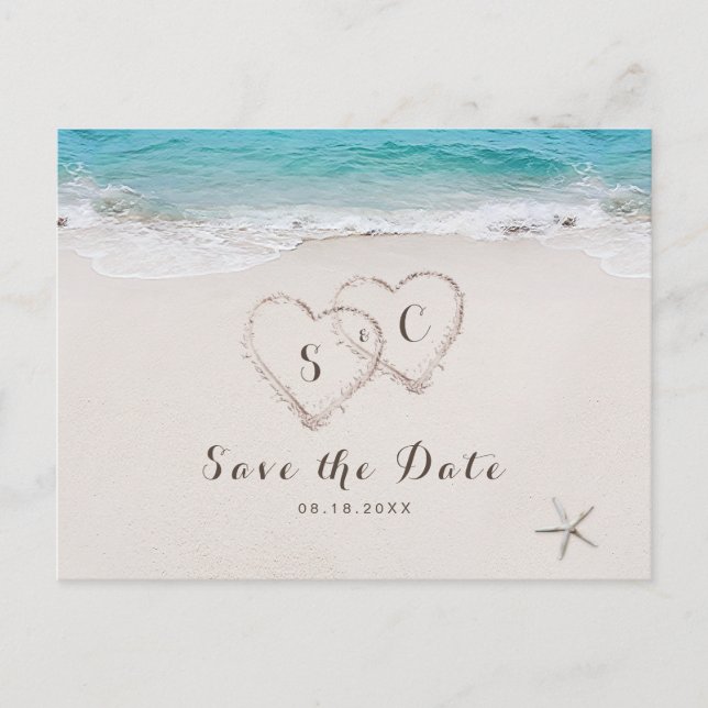 Hearts in the sand beach save the date announcement postcard (Front)