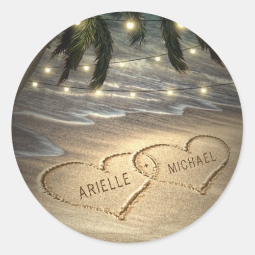 Hearts in the Sand Beach Shore Palm Tree Wedding Classic Round Sticker