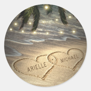Hearts in the Sand Beach Shore Palm Tree Wedding Classic Round Sticker