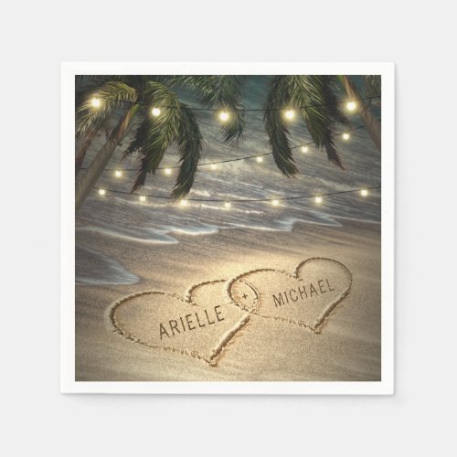 Hearts in the Sand Beach Shore Palm Tree Wedding Napkins