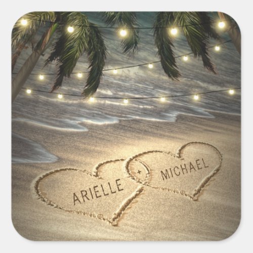 Hearts in the Sand Beach Shore Palm Tree Wedding Square Sticker