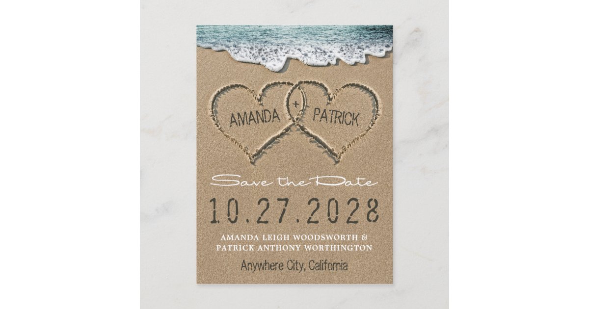 Hearts in the Sand Beach Shore Save The Date Cards | Zazzle