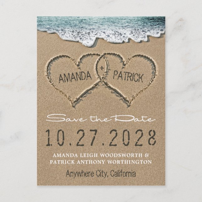 Hearts in the Sand Beach Shore Save The Date Cards (Front)
