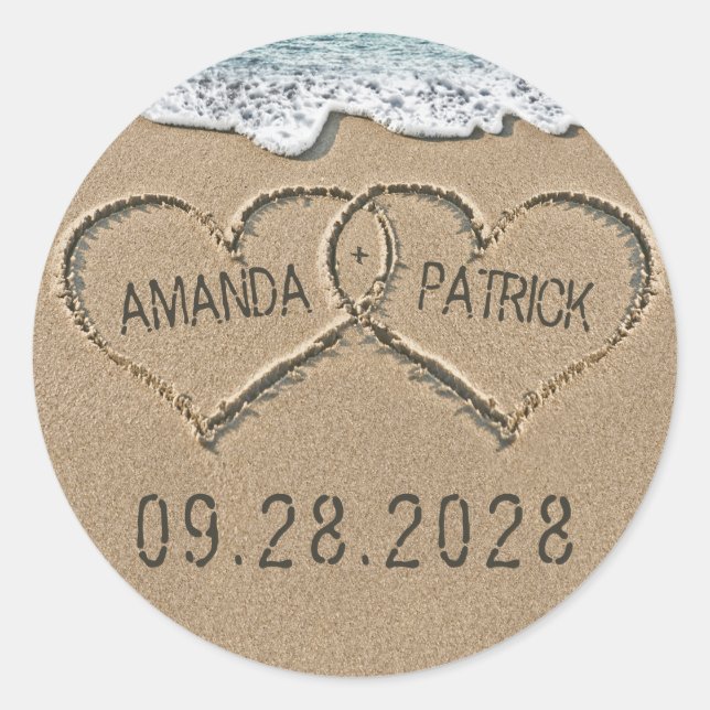 Hearts in the Sand Beach Shore Wedding Favor Classic Round Sticker (Front)
