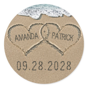 Hearts in the Sand Beach Shore Wedding Favor Classic Round Sticker