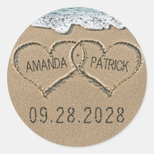 Hearts in the Sand Beach Shore Wedding Favor Classic Round Sticker