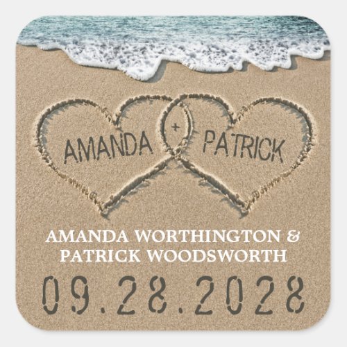 Hearts in the Sand Beach Shore Wedding Favor Square Sticker