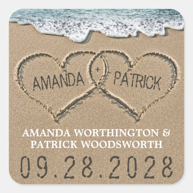 Hearts in the Sand Beach Shore Wedding Favor Square Sticker (Front)