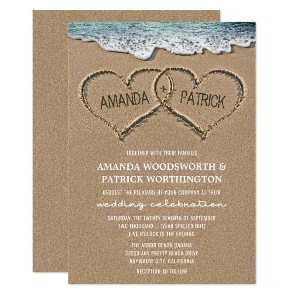 256899787002608868 Hearts in the Sand Beach Shore Wedding Invitations