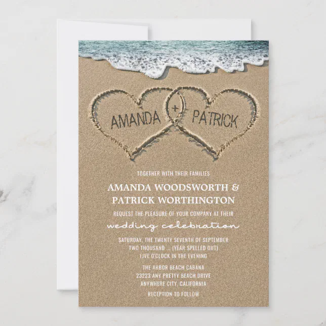Hearts in the Sand Beach Shore Wedding Invitations | Zazzle
