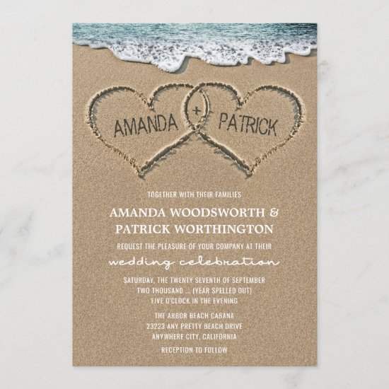Hearts in the Sand Beach Shore Wedding Invitations