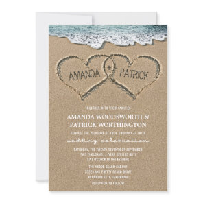 Hearts in the Sand Beach Shore Wedding Invitations