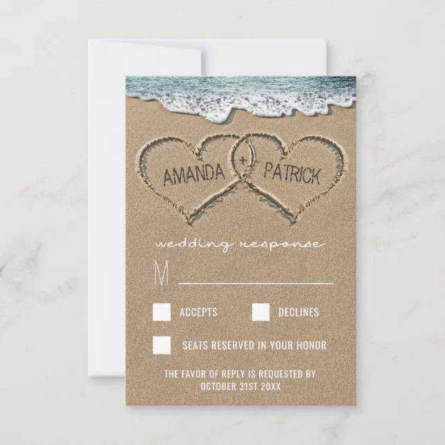 Hearts in the Sand Beach Shore Wedding RSVP Cards | Zazzle