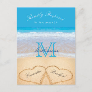 Hearts in the sand Beach Wedding Blue RSVP Postcard