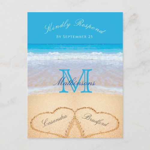 Hearts in the sand Beach Wedding Blue RSVP Postcard