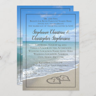 Hearts in the Sand Beach Wedding Custom Monogram Invitation